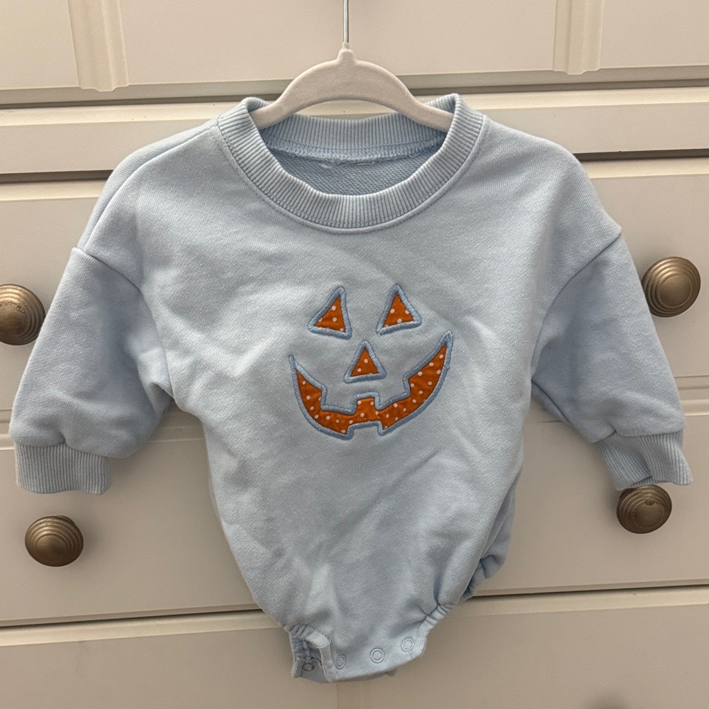 Light Blue Pumpkin Face Baby Onesie
